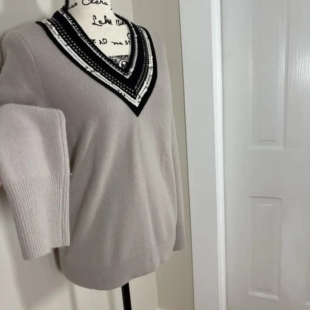 Tory Burch Gray Merino Wool Embellished Sequin V-Neck Sweater Size S/P Preppy